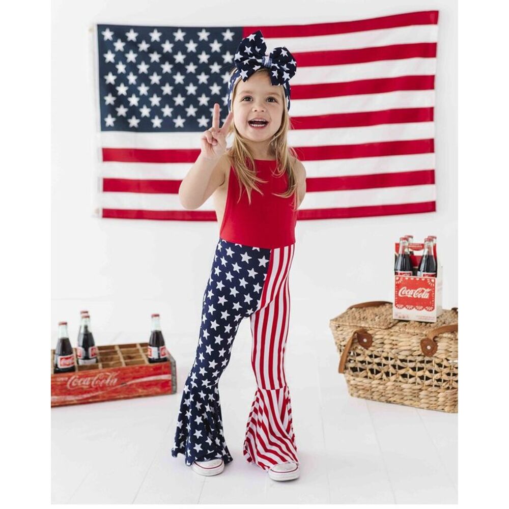 Bums & Roses Girls  Stars & Stripes Overall Backless Romper, Multicolor